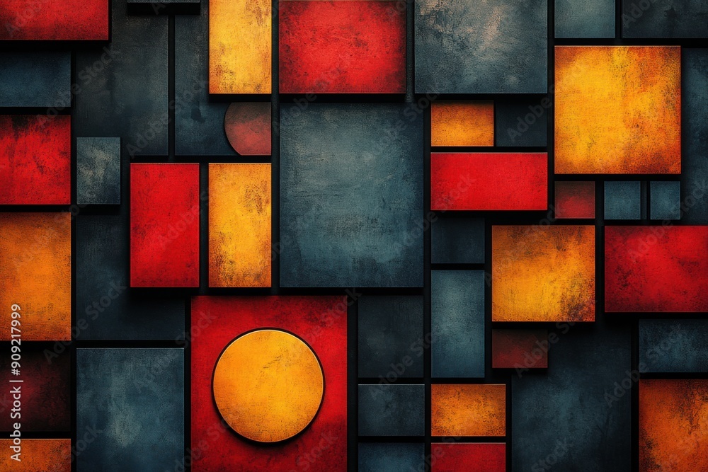 Fototapeta premium Vibrant Geometric Pattern with Rectangles and Circles in Rhythmic Layout