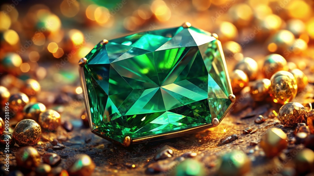Emerald Gemstone on Golden Background, 3D Render, Green Gem, Shiny Jewel, Precious Stone Emerald Gemstone on Golden Background, 3D Render, Green Gem, Shiny Jewel, Precious Stone