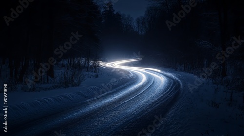 Headlights shine on a dark, icy road. Long exposure shows a winding pathway at night.