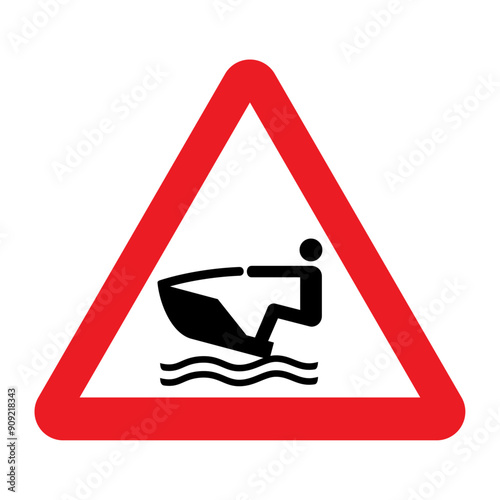 Personal water craft warning sign. Vector illustration of red triangle sign with jet ski icon inside. High risk of collision with people in water. Water scooter safety symbol.  Caution.