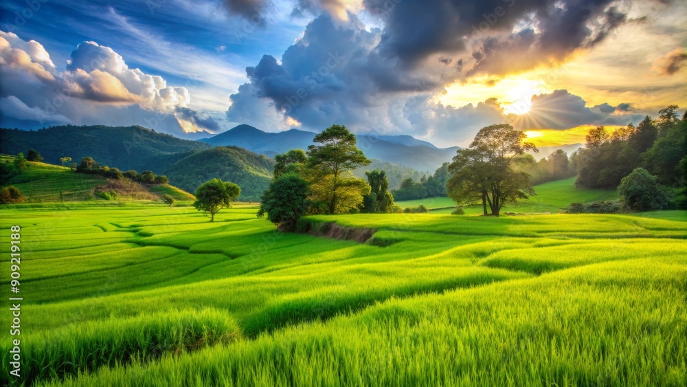 Golden Hour Rice Fields With Sun Rays Through Clouds,landscape photography, nature, golden hour, rice fields , sunset Golden Hour Rice Fields With Sun Rays Through Clouds,landscape photography, nature, golden hour, rice fields , sunset