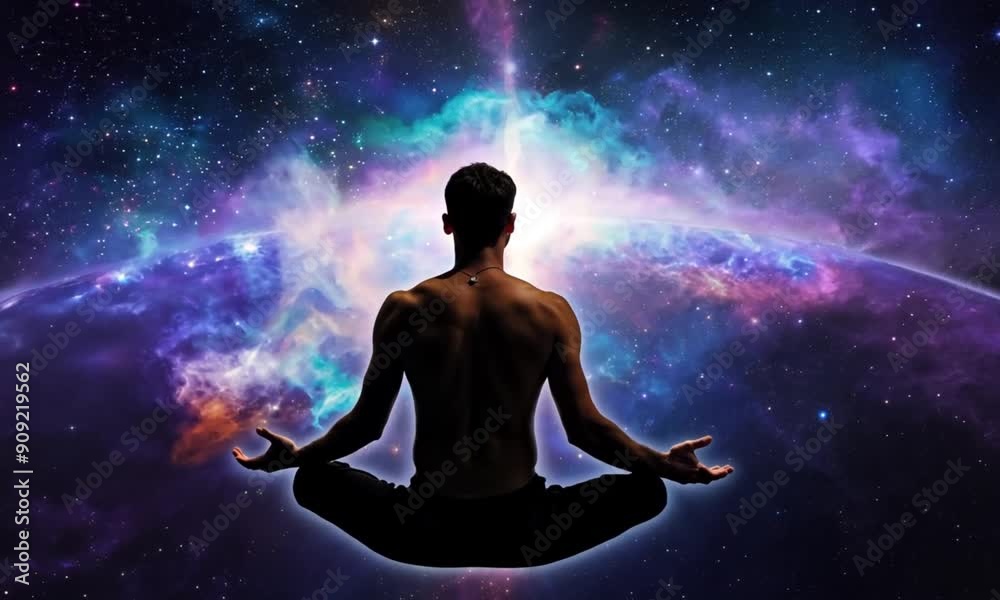 A man meditates in the lotus position. The universe around him A man meditates in the lotus position. The universe around him