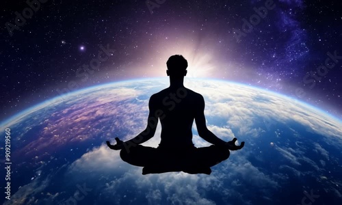 A man meditates in the lotus position. The universe around him