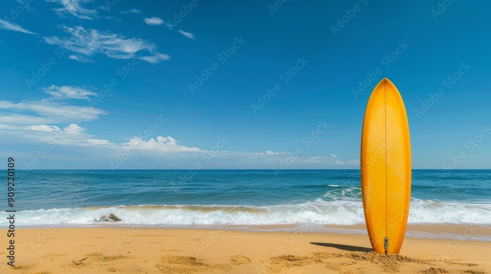 Minimalist photography of a surfboard standing on a sandy beach under a clear sky. Minimalist photography of a surfboard standing on a sandy beach under a clear sky.