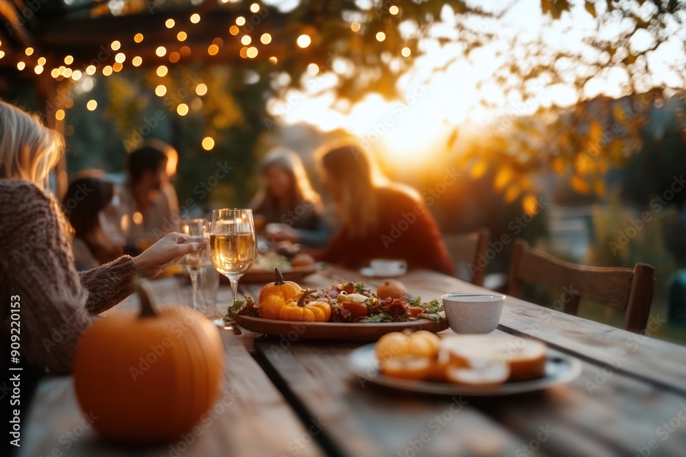Thanksgiving table setting outdoors with pumpkins and candles. Autumn home decoration Thanksgiving table setting outdoors with pumpkins and candles. Autumn home decoration
