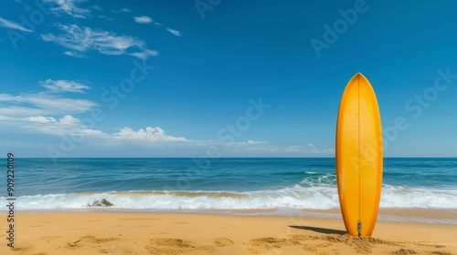 Minimalist photography of a surfboard standing on a sandy beach under a clear sky.