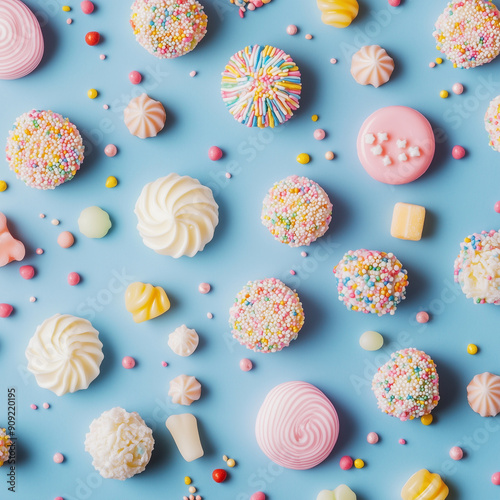 The photo illustration of sweet candies flay lay on colorful background