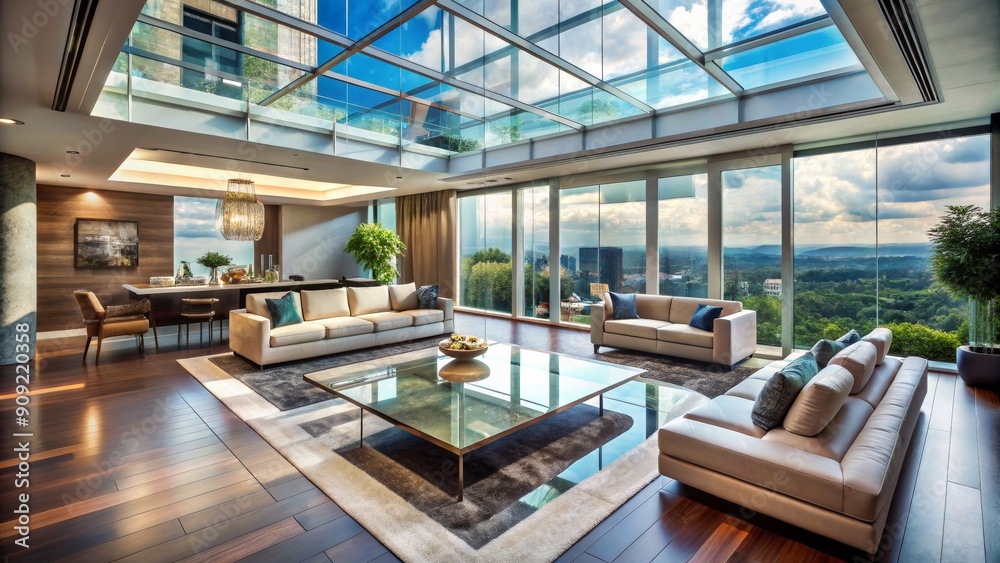 Modern Luxury Living Room with Glass Skylight and City View, interior design, penthouse, luxury apartment, city views Modern Luxury Living Room with Glass Skylight and City View, interior design, penthouse, luxury apartment, city views