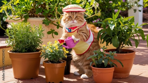 Cat in Gardener's Outfit Surrounded by Potted Plants