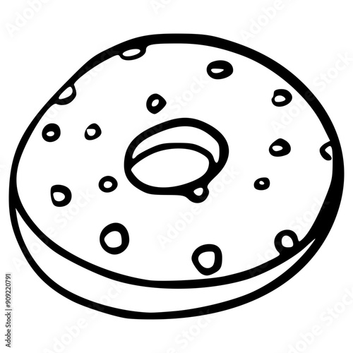 a whole donut with icing hand drawn outline illustration