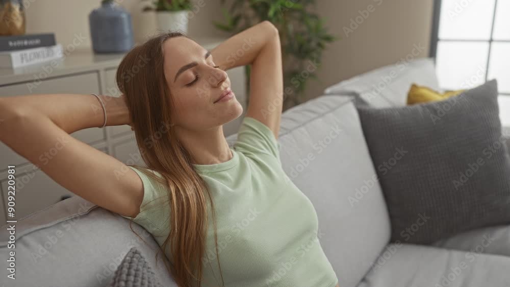 A young beautiful blonde woman relaxing on a couch in a cozy living room of an apartment with a serene expression. A young beautiful blonde woman relaxing on a couch in a cozy living room of an apartment with a serene expression.