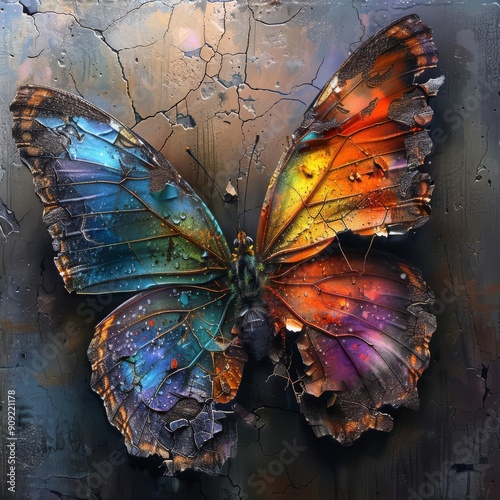 A butterfly with one wing vibrant and colorful, the other wing decayed and torn, symbolic of beauty and fragility, surreal style, high detail photo