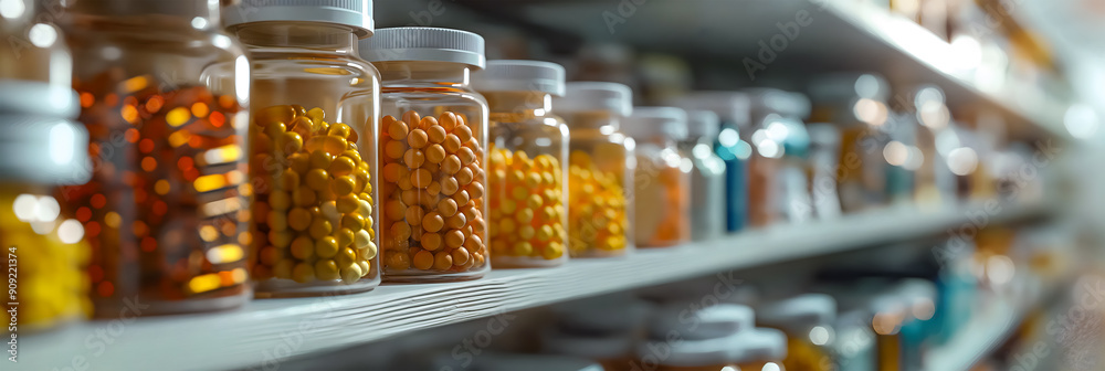 Side view of the large shelves in the pharmacy with transparent vials and flasks containing a variety of pills and capsules. The concept of modern medicine and pharmacology Side view of the large shelves in the pharmacy with transparent vials and flasks containing a variety of pills and capsules. The concept of modern medicine and pharmacology
