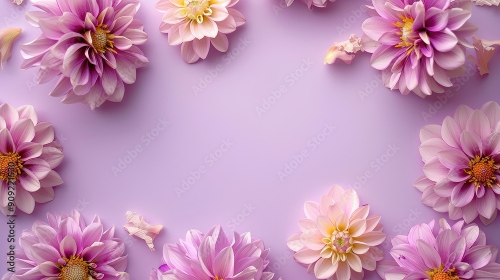 Dahlia flower frame on purple background with copyspace Dahlia flower frame on purple background with copyspace