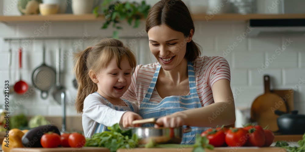 Mother and Daughter Cooking Fun: A heartwarming image of a mother and daughter sharing a joyful moment in the kitchen. The little girl is helping her mother cook, with a smile on her face and a wo Mother and Daughter Cooking Fun: A heartwarming image of a mother and daughter sharing a joyful moment in the kitchen. The little girl is helping her mother cook, with a smile on her face and a wo