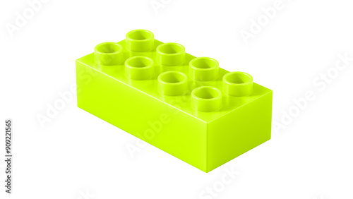 Fototapeta Naklejka Na Ścianę i Meble -  Lime Green Plastic plastic building brick Block Isolated on a White Background. Children Toy Brick, Perspective View. Close Up View of a Game Block for Constructors. 3D Rendering. 8K Ultra HD, 7680x4320, 300 dpi