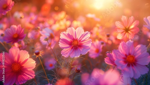 Pink Cosmos Flowers in a Golden Sunset