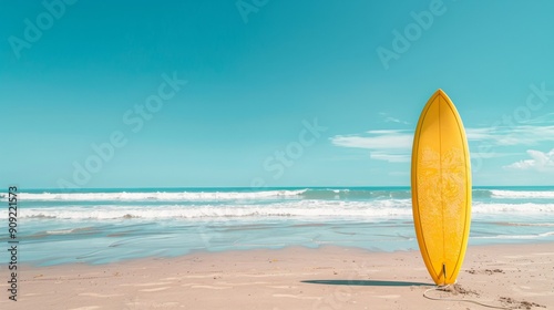 Minimalist photography of a surfboard standing on a sandy beach under a clear sky.