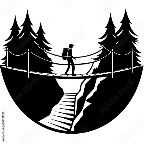 A hiker on a suspension bridge black vector