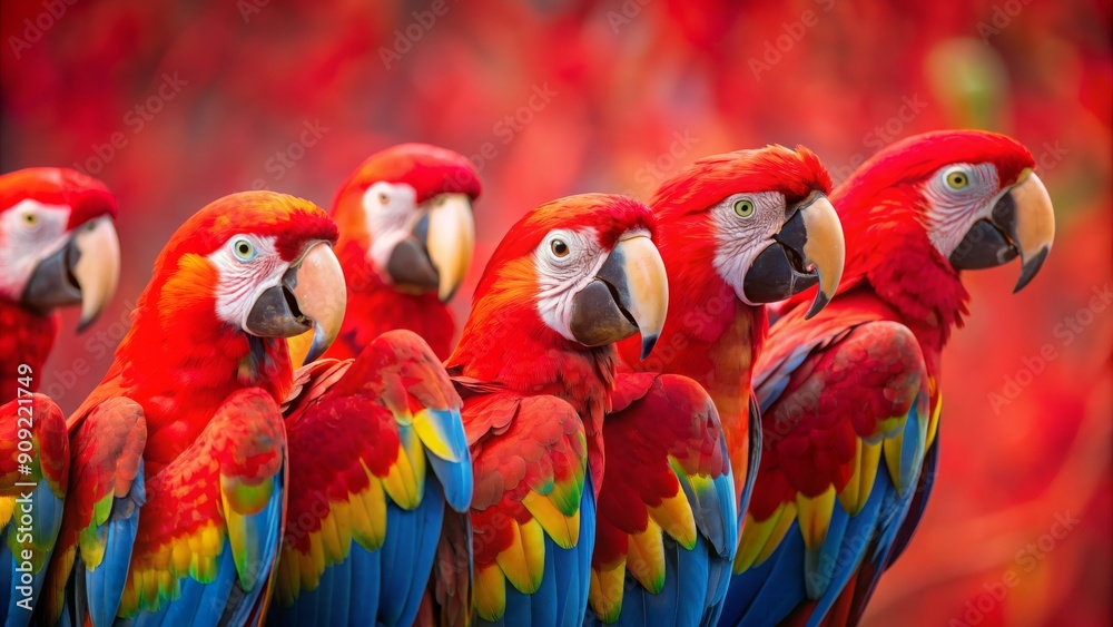 Fototapeta premium Scarlet Macaws Close-up Vivid Feathers Against Red Blur, parrot, bird, tropical, macaw