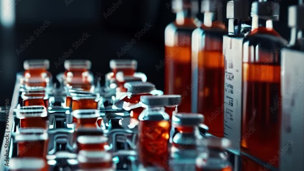 Closeup of Amber Liquid in Glass Bottles on a Conveyor Belt Closeup of Amber Liquid in Glass Bottles on a Conveyor Belt