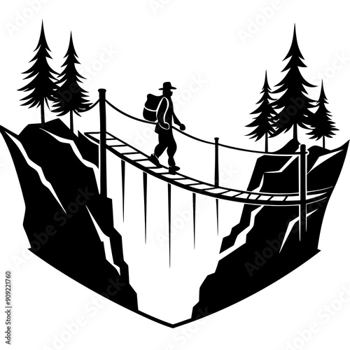 A hiker on a suspension bridge black vector