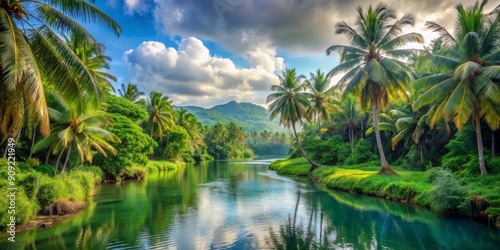 Serene River Through Tropical Paradise, Palm Trees, Lush Greenery, Tranquility, Nature , Paradise , Island
