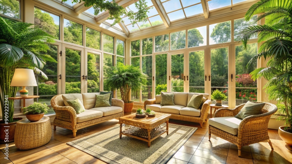 Sunlit Garden Room with Wicker Furniture and Greenery, conservatory , sunroom , interior design , garden room Sunlit Garden Room with Wicker Furniture and Greenery, conservatory , sunroom , interior design , garden room