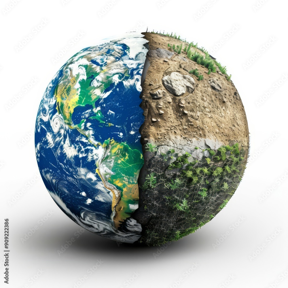 A globe showing thriving earth on one side, polluted on the other, digital art, isolated on white background A globe showing thriving earth on one side, polluted on the other, digital art, isolated on white background