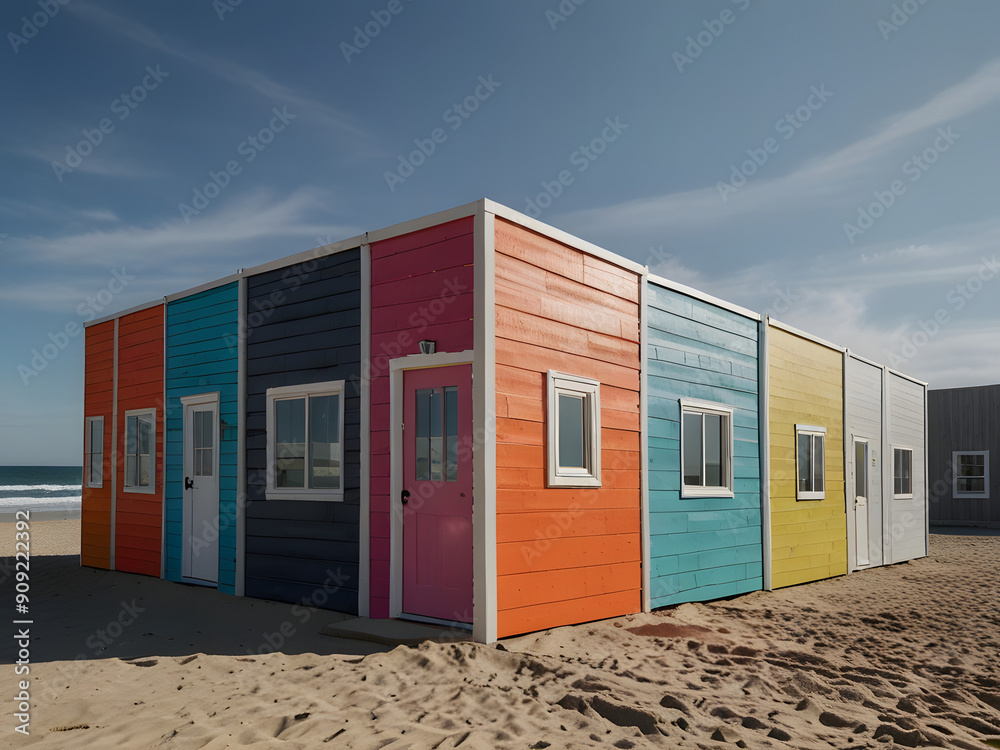 Fototapeta premium Beachfront Shops with Bright Sun-Reflective Fiber Cement Siding for Durability and Vibrant Colors