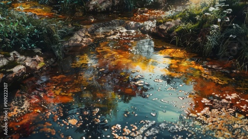 A flourishing river abruptly turning into a polluted stream, representing purity and contamination, photorealistic, vibrant and muted colors, high detail