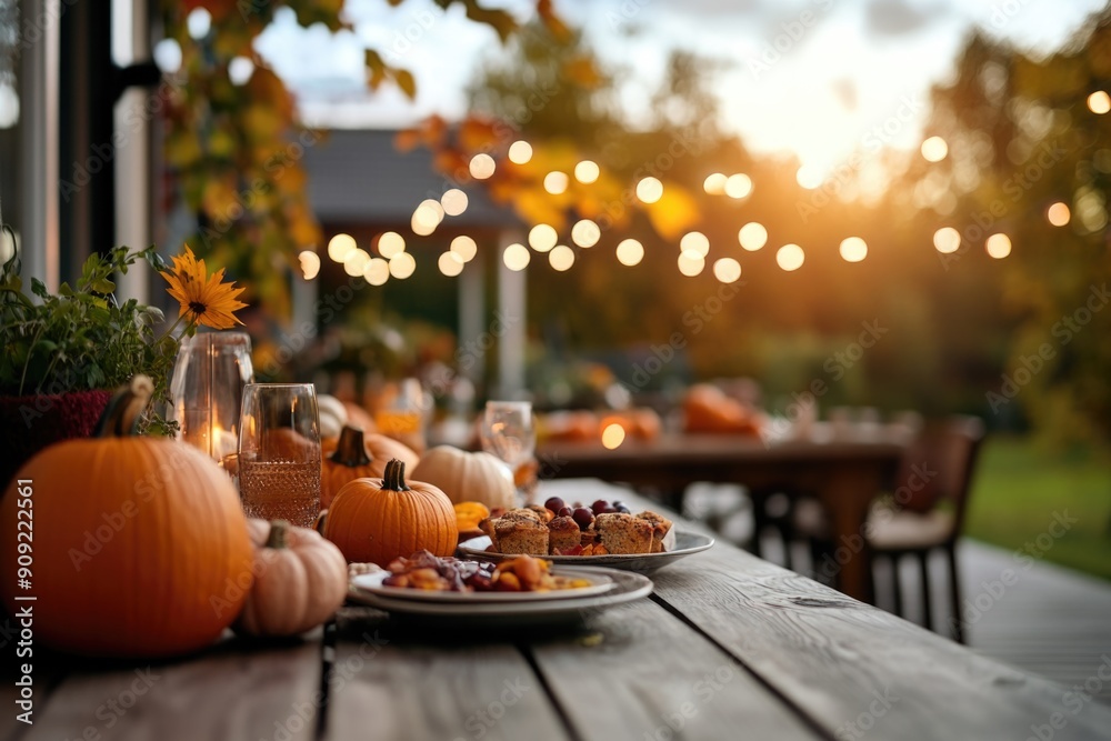 Thanksgiving table setting outdoors with pumpkins and candles. Autumn home decoration Thanksgiving table setting outdoors with pumpkins and candles. Autumn home decoration