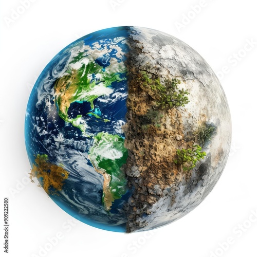 A globe showing thriving earth on one side, polluted on the other, digital art, isolated on white background