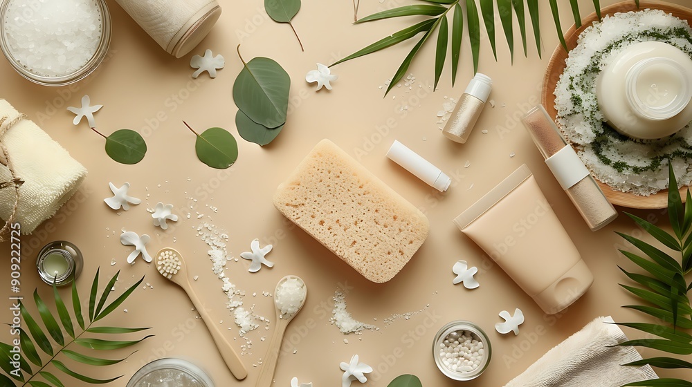 Set of eco friendly lifestyle essentials on beige background Set of eco friendly lifestyle essentials on beige background