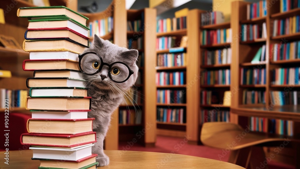Cat with large glasses peeking from behind book stack Cat with large glasses peeking from behind book stack
