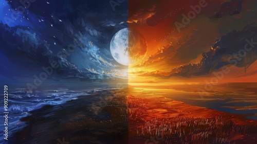 A halfsun, halfmoon landscape showing day and night, symbolizing light and darkness, photorealistic, vibrant and dark colors, high contrast photo