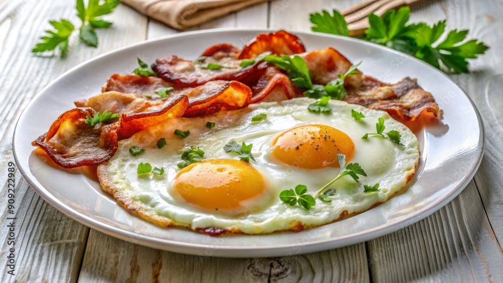 Two Sunny Side Up Eggs with Crispy Bacon and Parsley Garnish on a White Plate, breakfast , food , eggs , bacon Two Sunny Side Up Eggs with Crispy Bacon and Parsley Garnish on a White Plate, breakfast , food , eggs , bacon