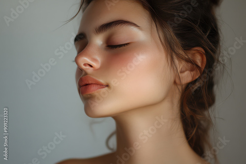 A close up of a girl's face with her eyes closed