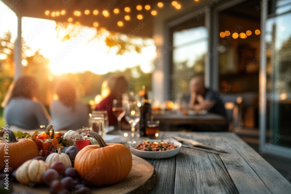 Fototapeta premium Thanksgiving table setting outdoors with pumpkins and candles. Autumn home decoration 
