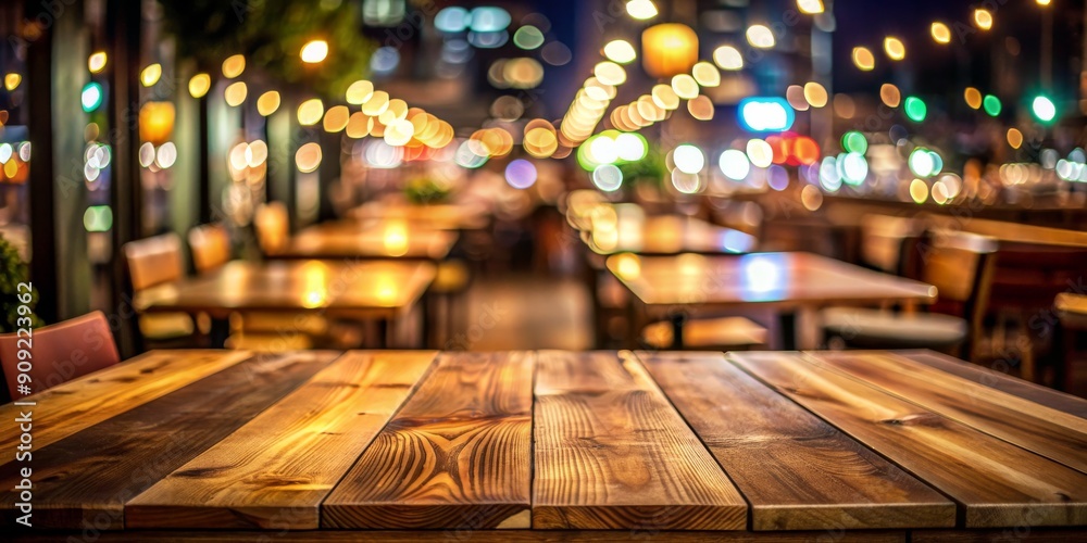 Wooden Table Top with Blurred City Lights at Night, Bokeh, Urban, Cityscape, Nighttime Wooden Table Top with Blurred City Lights at Night, Bokeh, Urban, Cityscape, Nighttime