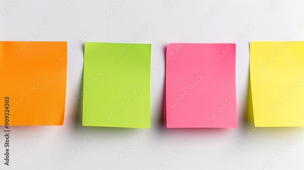 Fototapeta premium Colorful Sticky Notes in Bright Orange Green and Pink. A Creative Arrangement of Vibrant Sticky Notes for Effective Organization and Note-taking