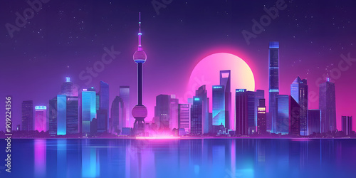 Futuristic city skyline with neon lights and flying cars