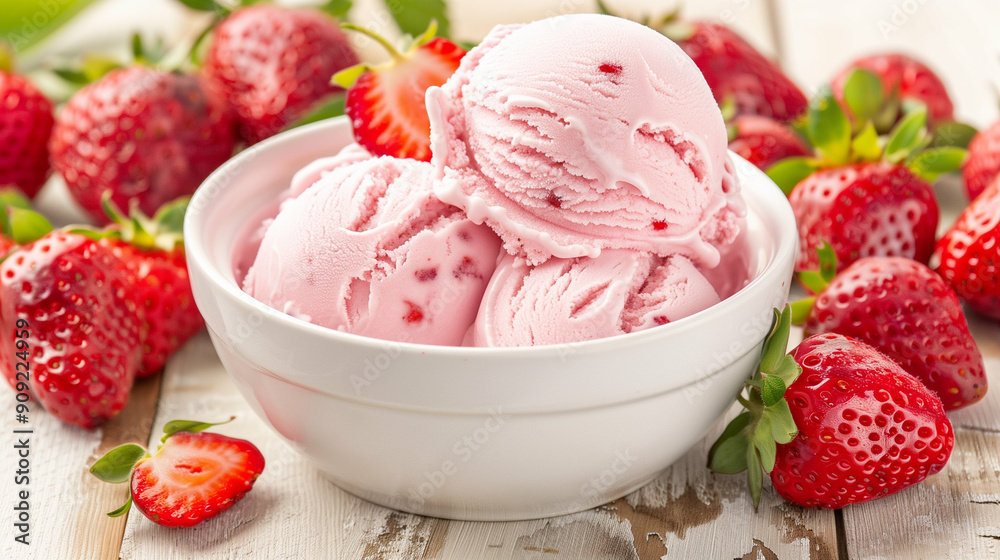 Delicious Strawberry Ice Cream in a White Bowl Surrounded by Fresh Strawberries. A Creamy Strawberry Dessert for Sweet Treat Lovers Delicious Strawberry Ice Cream in a White Bowl Surrounded by Fresh Strawberries. A Creamy Strawberry Dessert for Sweet Treat Lovers