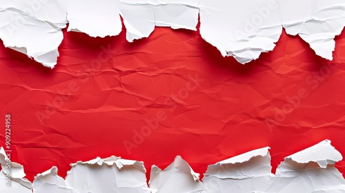 Torn white paper revealing red background, abstract design. Creative concept