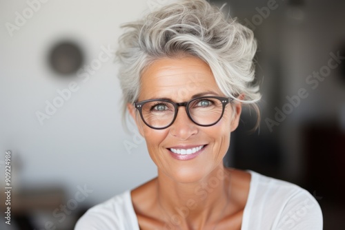 Close-up of a middle-aged woman with a warm and sincere smile.