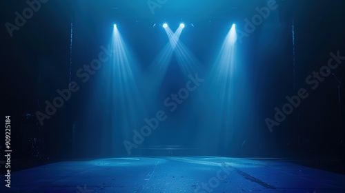 Empty Stage Illuminated by Three Blue Spotlights