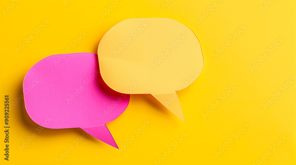 Colorful Speech Bubbles on Bright Yellow Background. Graphic Design Concept with Vibrant Pink and Yellow Speech Bubbles Ideal for Communication and Social Media Themes Colorful Speech Bubbles on Bright Yellow Background. Graphic Design Concept with Vibrant Pink and Yellow Speech Bubbles Ideal for Communication and Social Media Themes
