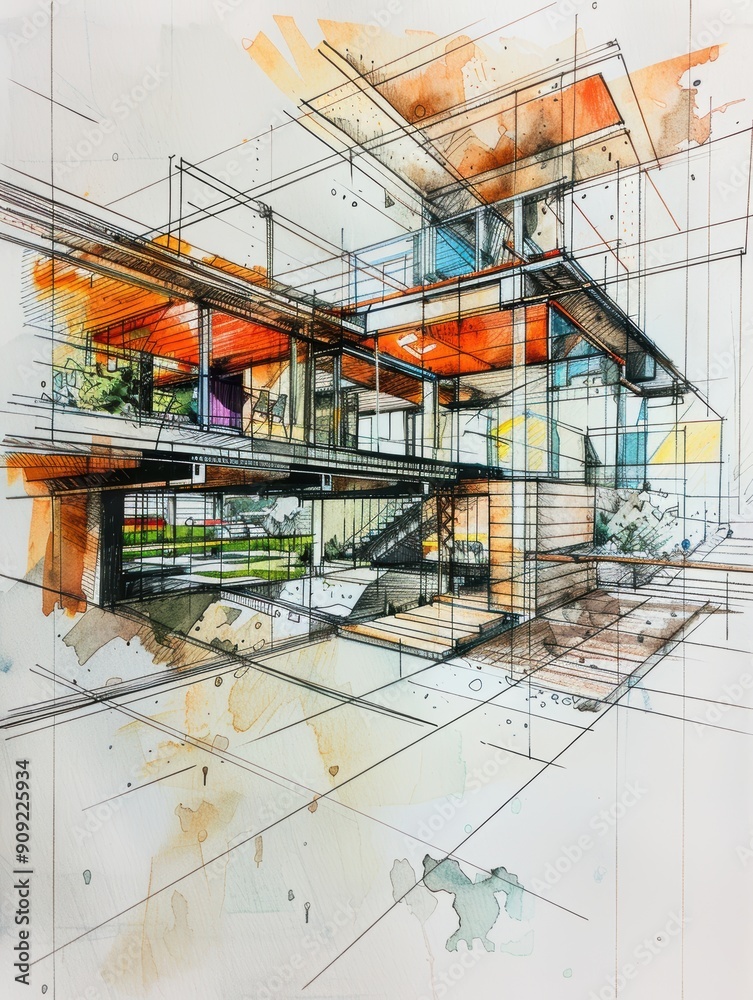 Fototapeta premium Architectural Sketch of Modern House