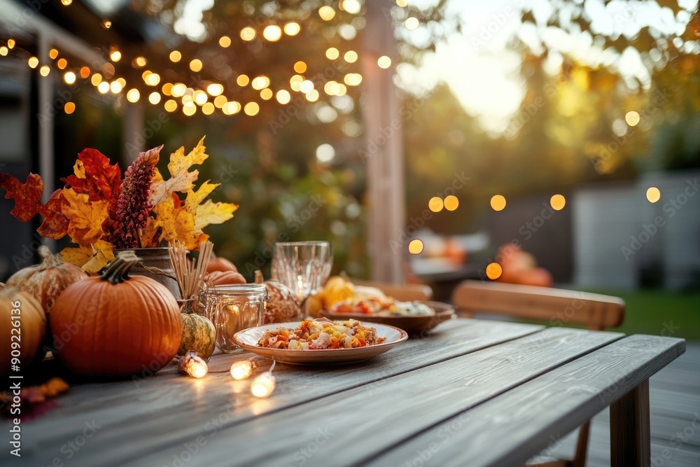 Fototapeta premium Thanksgiving table setting outdoors with pumpkins and candles. Autumn home decoration
