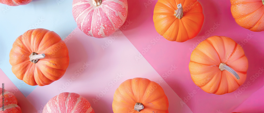 Minimal autumn background with decorative pink pumpkins composition, decorations. Copy space. Flat lay. Halloween celebration mockup, fall harvesting seasonal, Thanksgiving day concept. Generative ai Minimal autumn background with decorative pink pumpkins composition, decorations. Copy space. Flat lay. Halloween celebration mockup, fall harvesting seasonal, Thanksgiving day concept. Generative ai